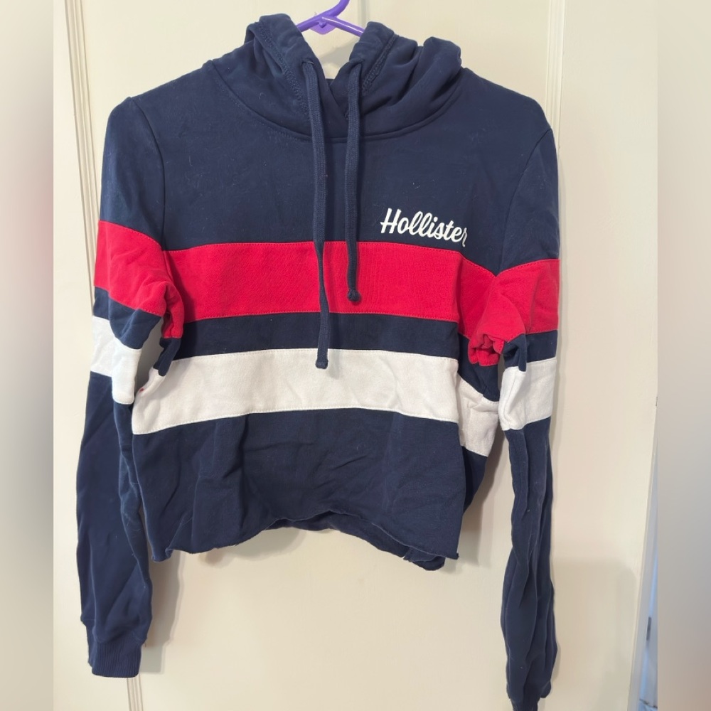 Hollister Women’s Blue Hoodie with Red and White Stripes